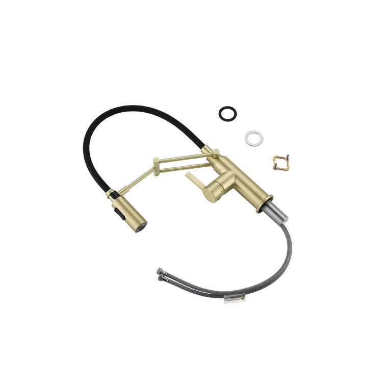 Brushed Gold Brass Low Arc Kitchen Faucet with Pull-out Spray