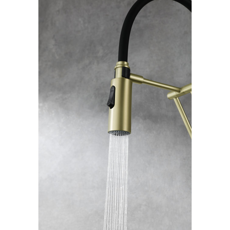 Brushed Gold Brass Low Arc Kitchen Faucet with Pull-out Spray