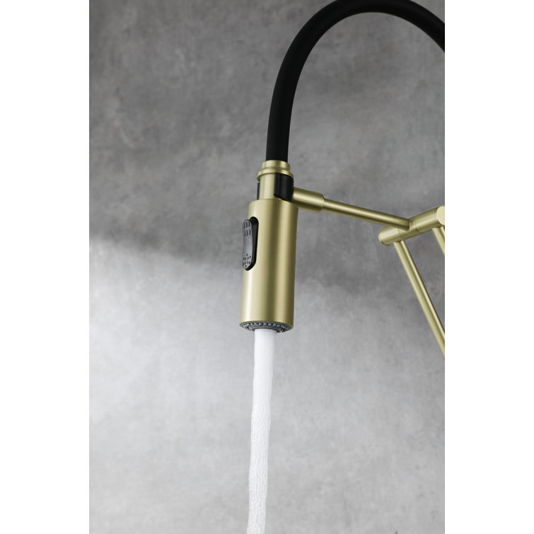 Brushed Gold Brass Low Arc Kitchen Faucet with Pull-out Spray