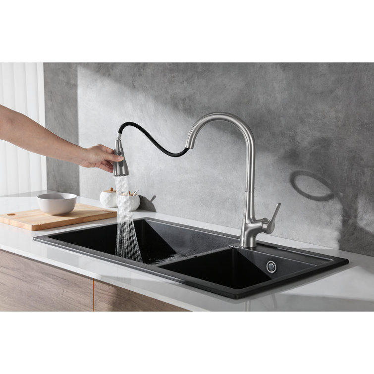 Brushed Nickel Gooseneck Kitchen Faucet with Pull-out Spray