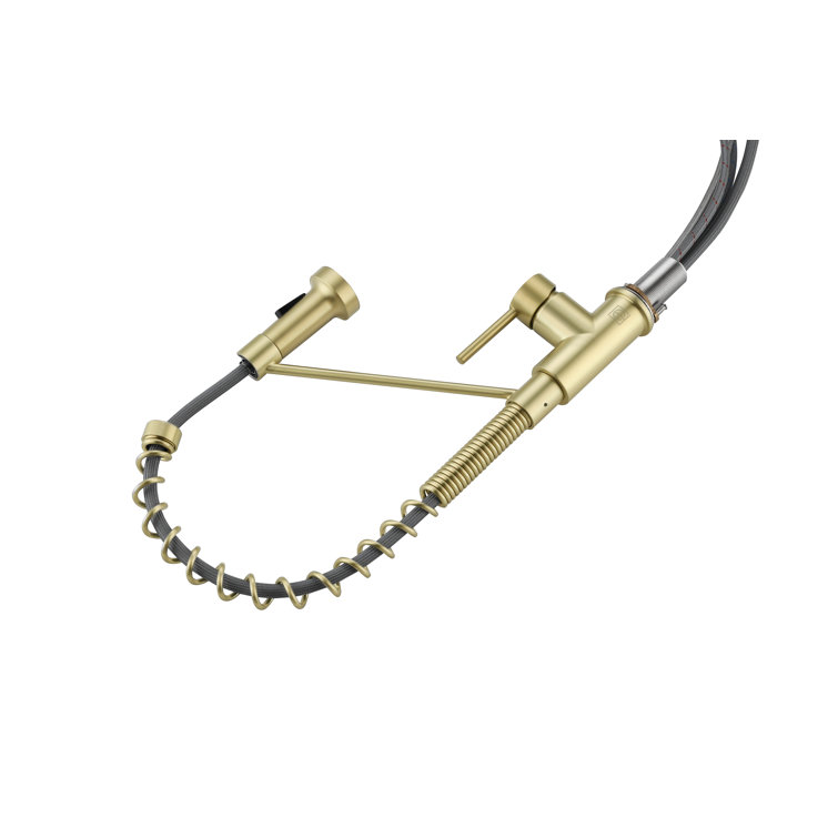 Brushed Gold Brass Spring Neck Kitchen Faucet with Pull-out Spray