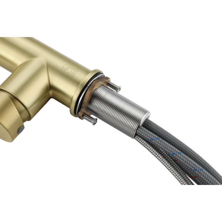 Brushed Gold Brass Spring Neck Kitchen Faucet with Pull-out Spray
