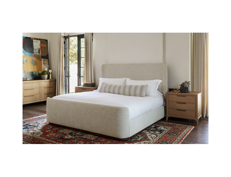 Queen Beige Upholstered Wingback Bed with Rounded Corners