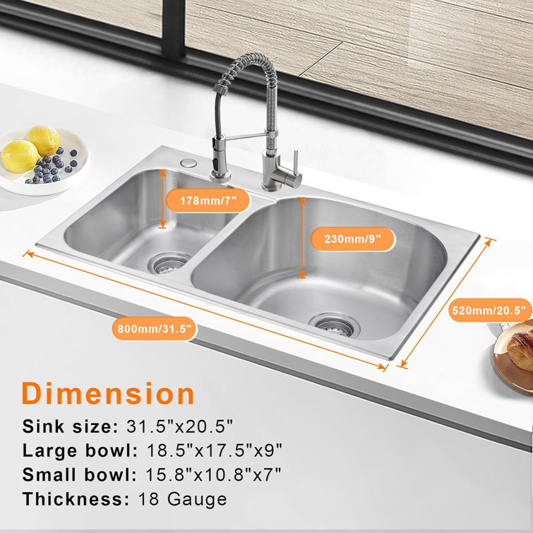 31.5'' Stainless Steel Double Bowl Drop-In Kitchen Sink