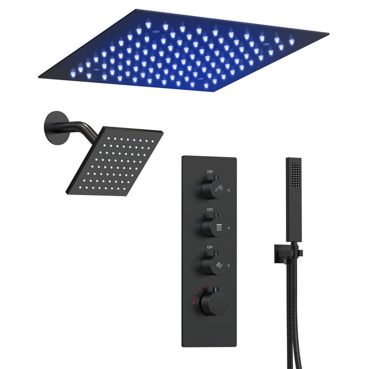 Matte Black Dual Rainfall LED Shower System with Thermostatic Valve