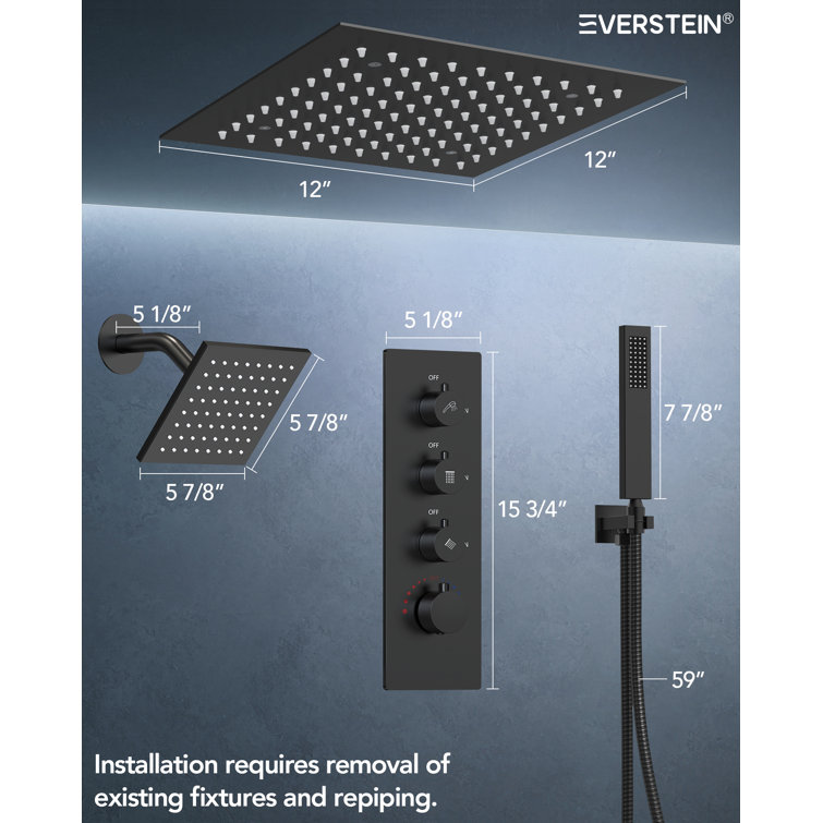 Matte Black Dual Rainfall LED Shower System with Thermostatic Valve