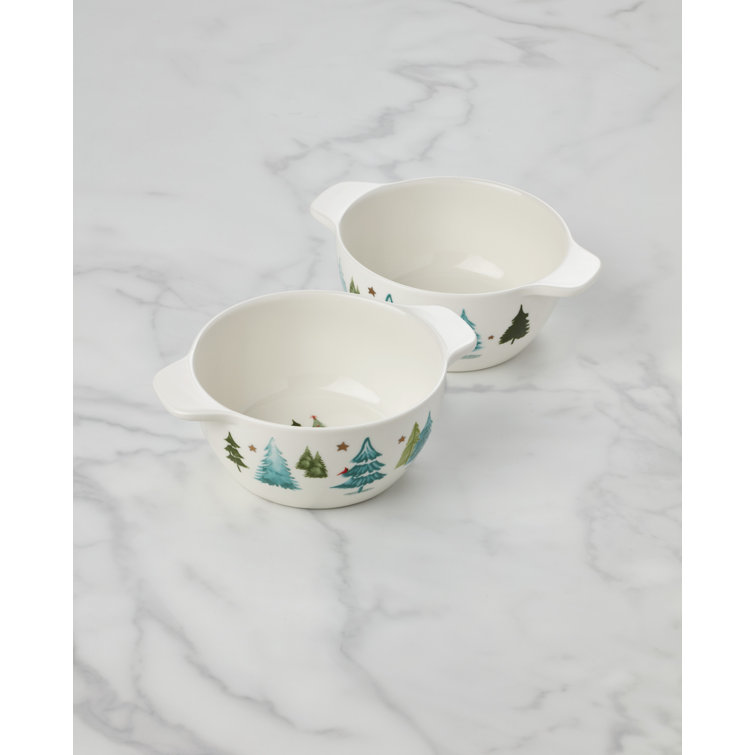 Festive Ceramic Soup Bowls with Holiday Tree Design, Set of 2