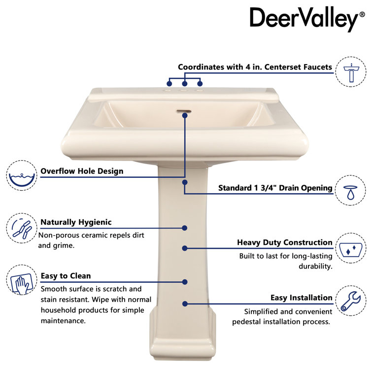Elegant Apex White Ceramic 34" Rectangular Pedestal Sink with Overflow
