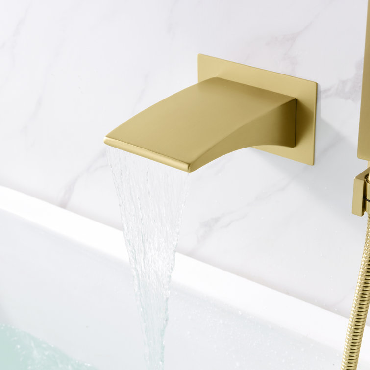Brushed Gold Wall Mount Waterfall Tub Faucet with Hand Shower