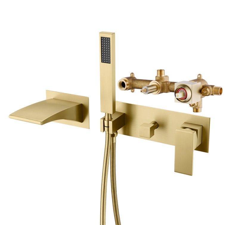 Brushed Gold Wall Mount Waterfall Tub Faucet with Hand Shower