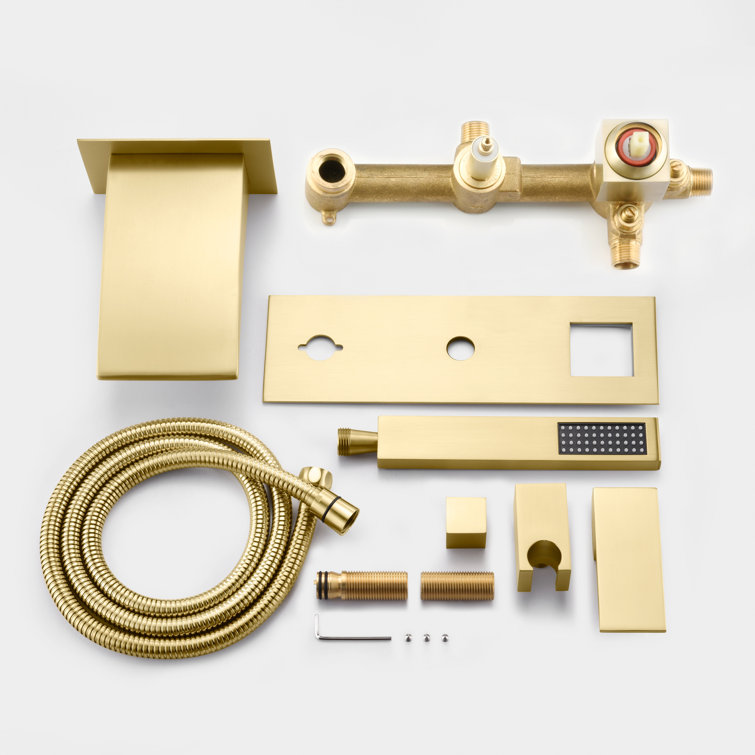 Brushed Gold Wall Mount Waterfall Tub Faucet with Hand Shower