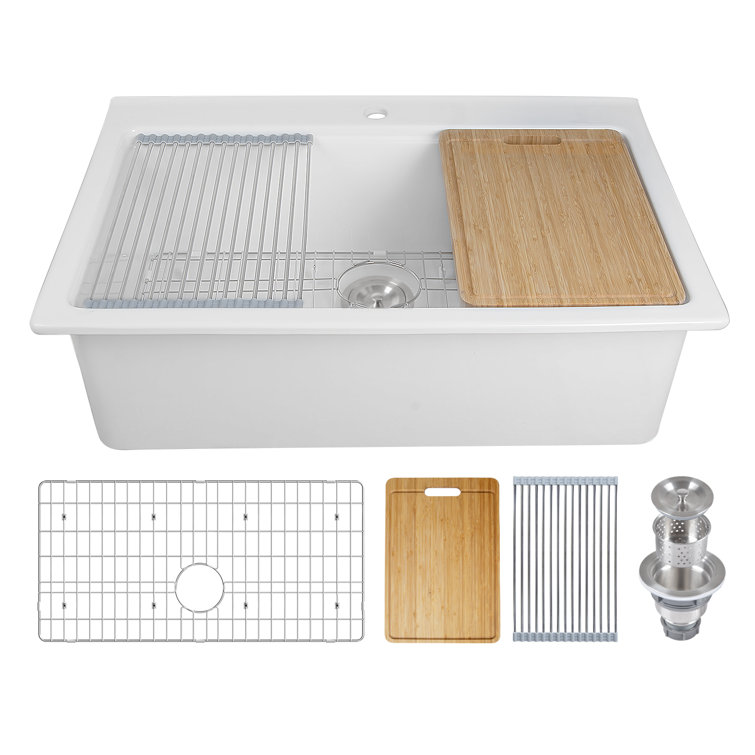 White Fireclay Single Bowl Drop-In Workstation Sink