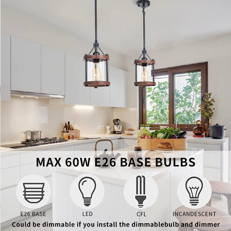 Brown Wood and Metal Lantern Pendant Light with Glass Shade
