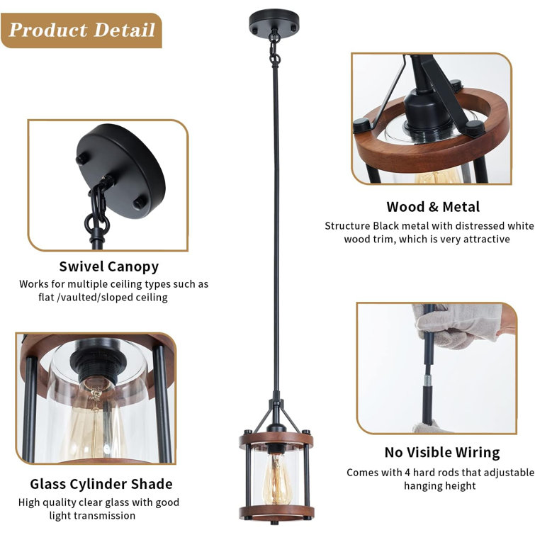 Brown Wood and Metal Lantern Pendant Light with Glass Shade
