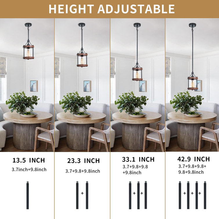 Brown Wood and Metal Lantern Pendant Light with Glass Shade
