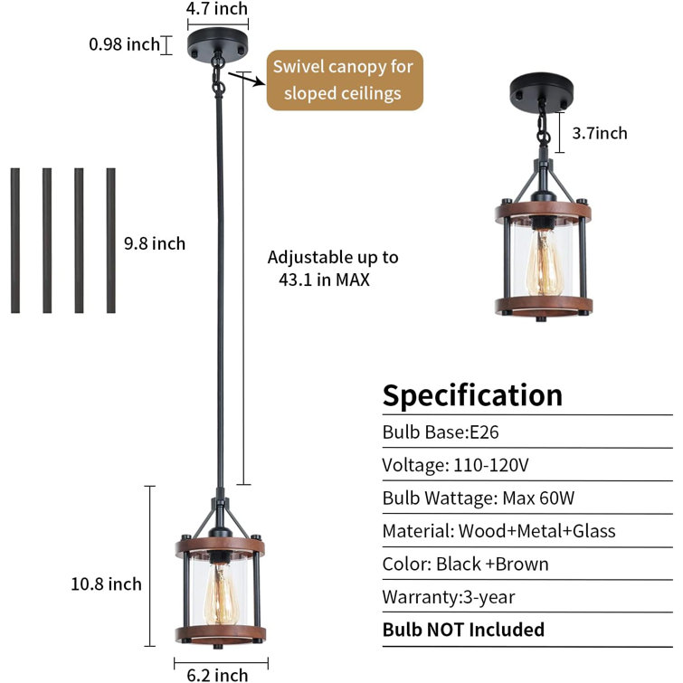 Brown Wood and Metal Lantern Pendant Light with Glass Shade