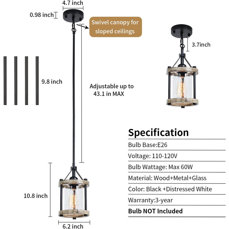 White Farmhouse Wood and Metal Lantern Pendant Light
