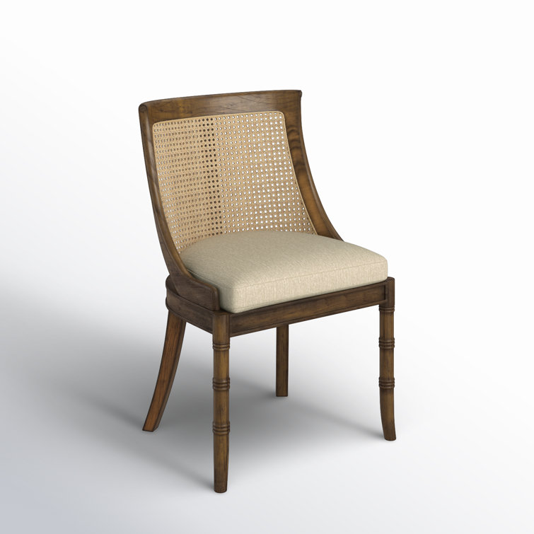 Brown Mahogany Cane Upholstered Linen Side Chair