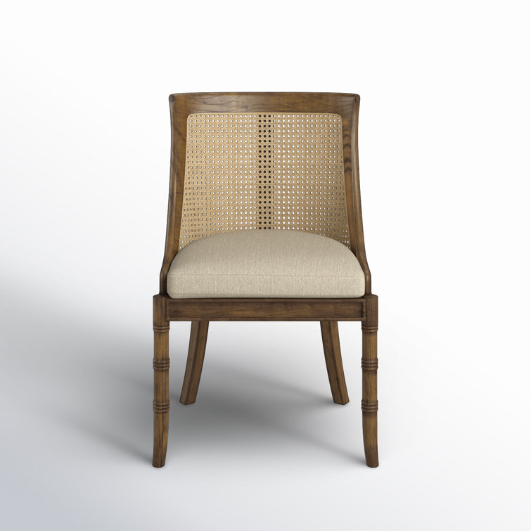 Brown Mahogany Cane Upholstered Linen Side Chair