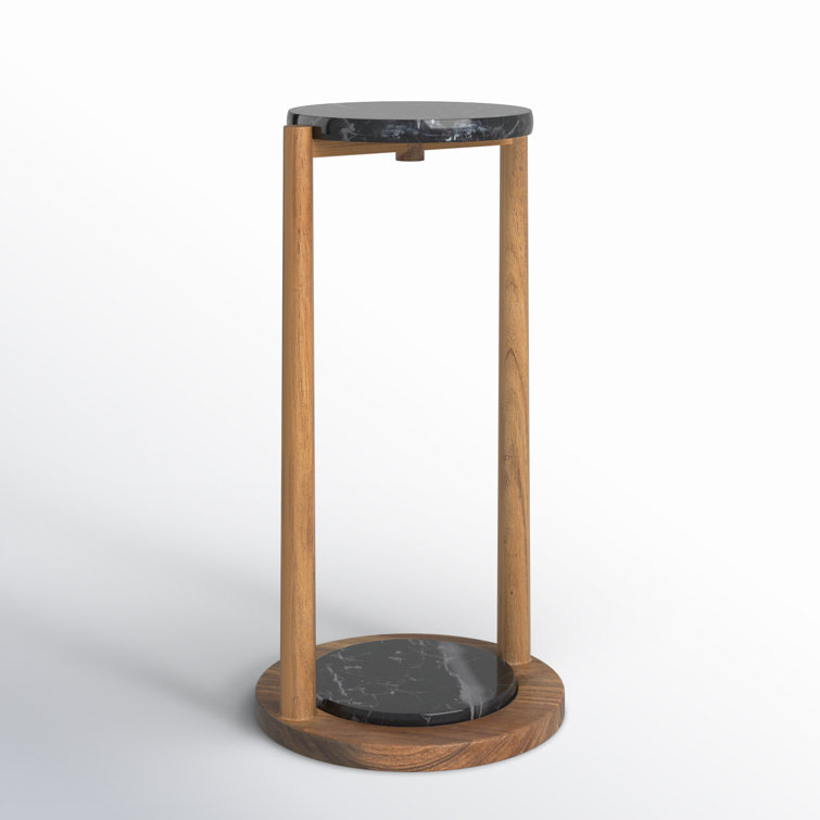 Black Marble and Wood Round End Table with Storage Shelf