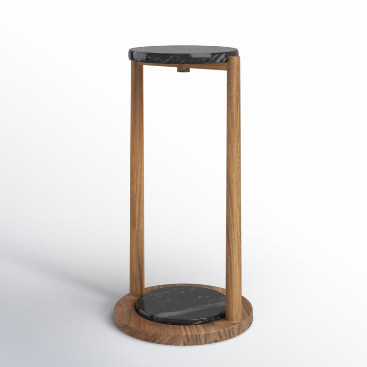 Black Marble and Wood Round End Table with Storage Shelf