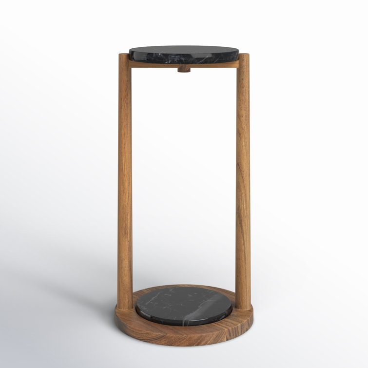 Black Marble and Wood Round End Table with Storage Shelf