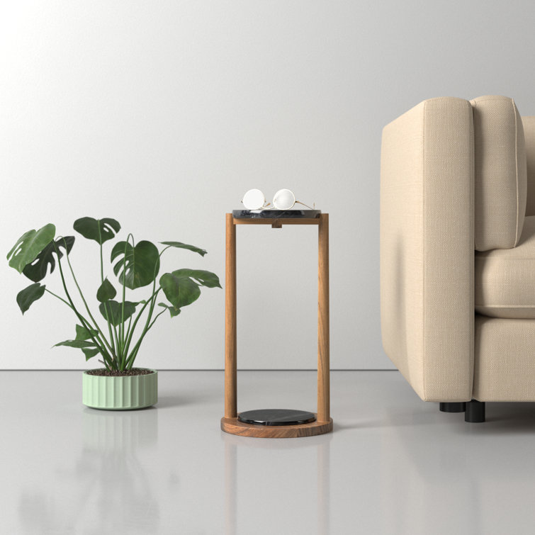 Black Marble and Wood Round End Table with Storage Shelf