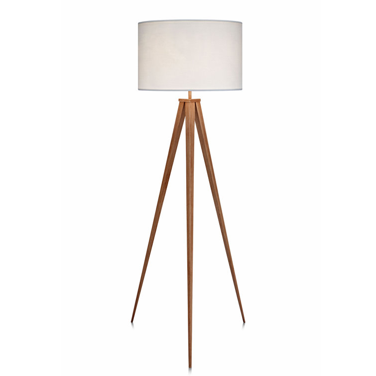 Natural Wood Tripod Floor Lamp with White Drum Shade