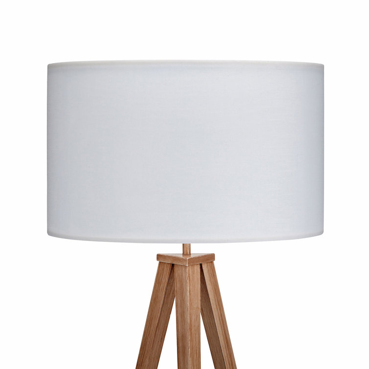 Natural Wood Tripod Floor Lamp with White Drum Shade