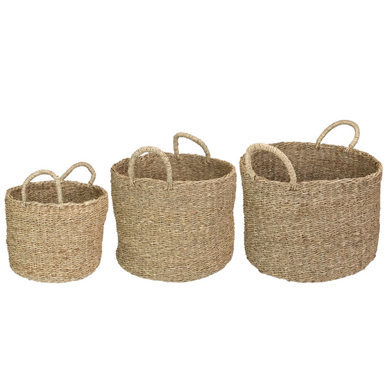 Beige Round Seagrass Storage Basket Set with Handles