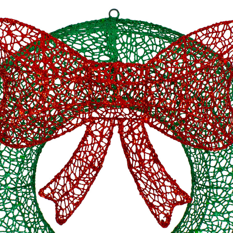 24" LED Lighted Green Glitter Wreath with Red Bow