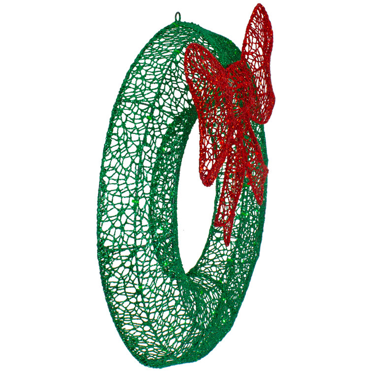 24" LED Lighted Green Glitter Wreath with Red Bow