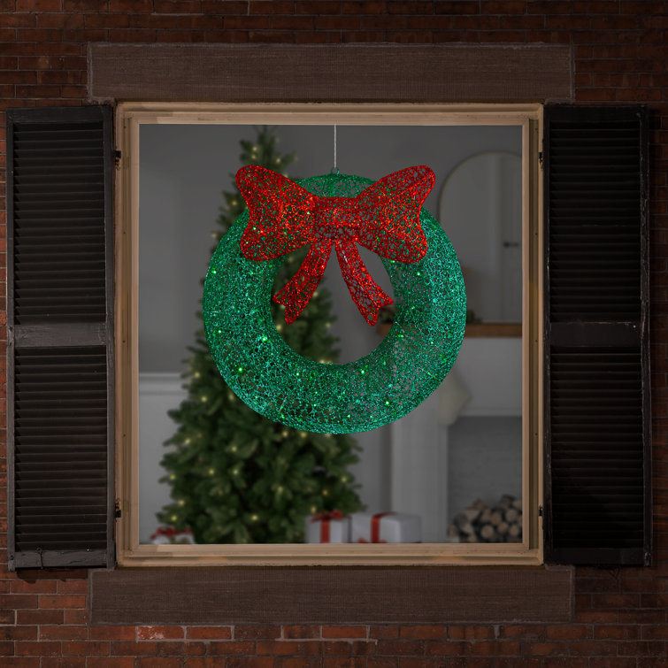 24" LED Lighted Green Glitter Wreath with Red Bow