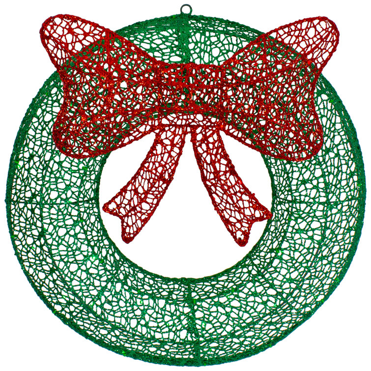 24" LED Lighted Green Glitter Wreath with Red Bow