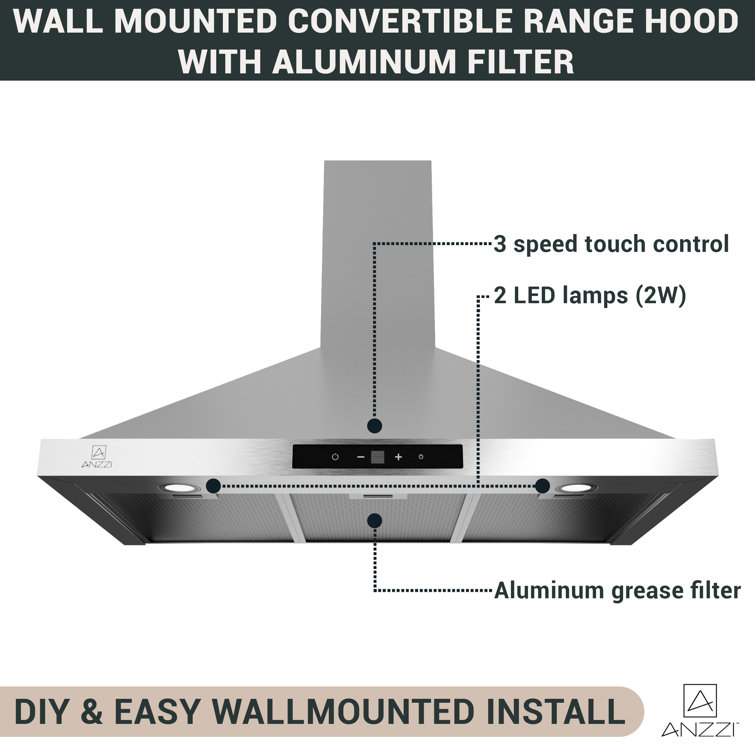 36" Stainless Steel Convertible Wall Mounted Range Hood with LED Lighting