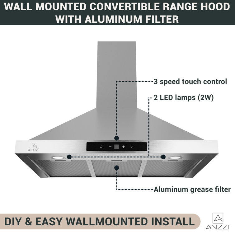 30" Stainless Steel Convertible Wall Mounted Range Hood with LED Lighting