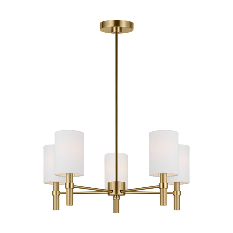 Satin Brass 5-Light Chandelier with White Linen Shades