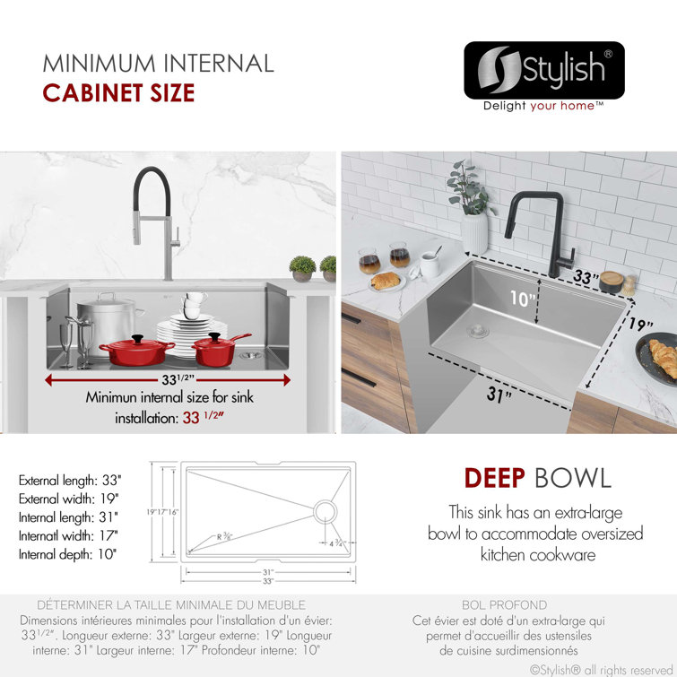 Versa33 Brushed Stainless Steel Single Bowl Undermount Kitchen Sink