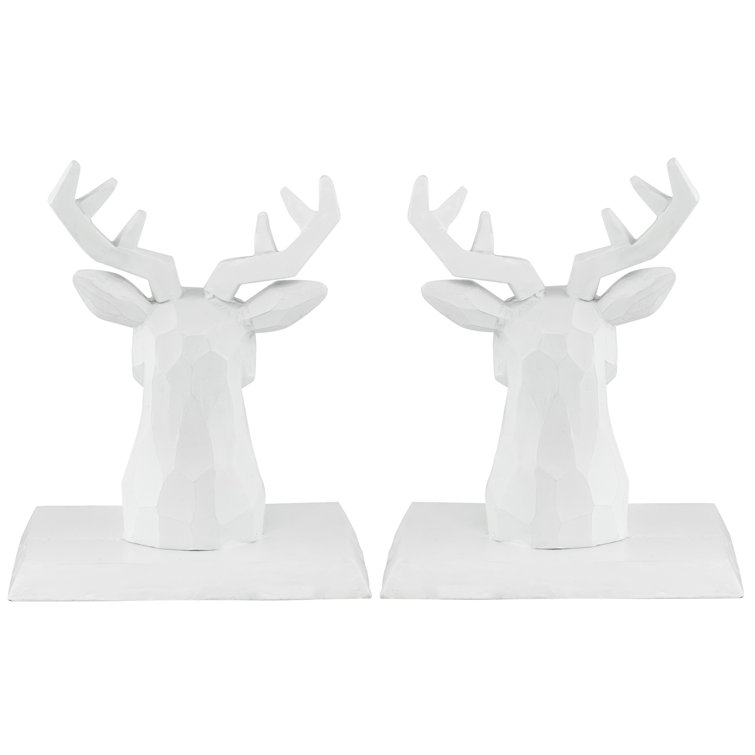 White Hand-Carved Reindeer Head Stocking Holders, Set of 2