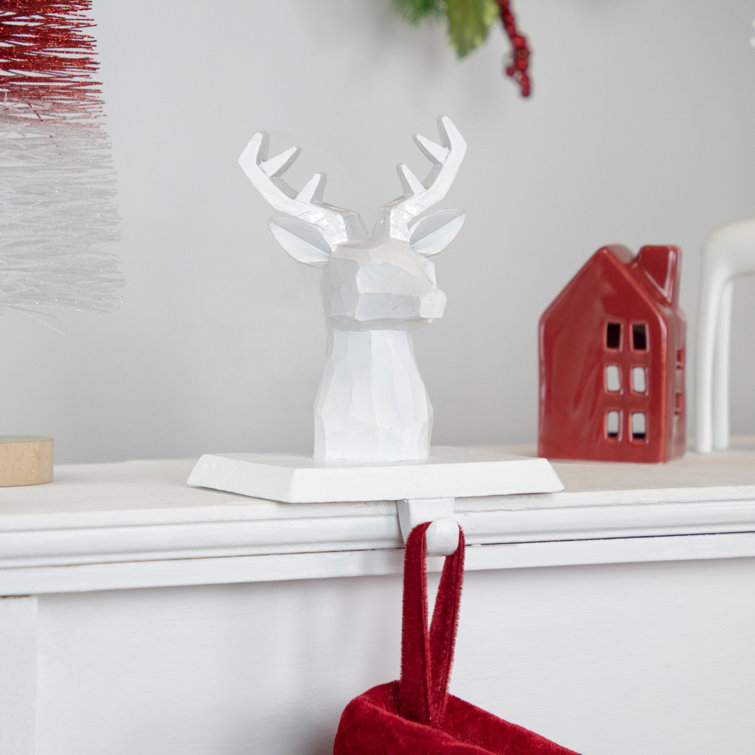 White Hand-Carved Reindeer Head Stocking Holders, Set of 2