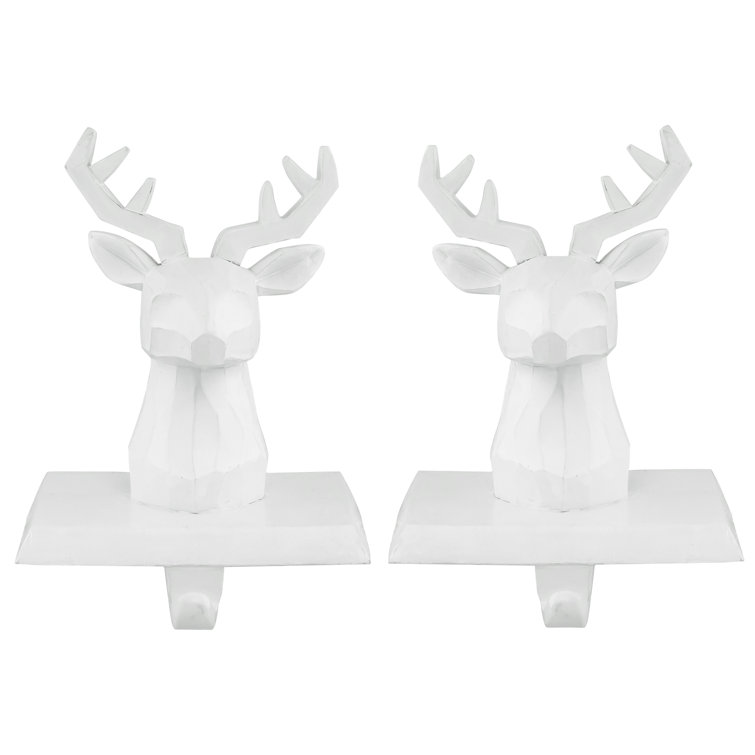 White Hand-Carved Reindeer Head Stocking Holders, Set of 2
