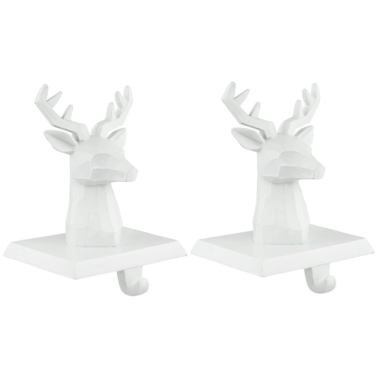 White Hand-Carved Reindeer Head Stocking Holders, Set of 2