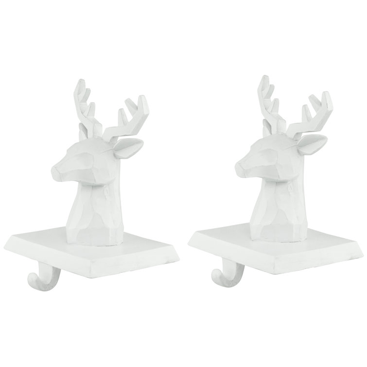 White Hand-Carved Reindeer Head Stocking Holders, Set of 2
