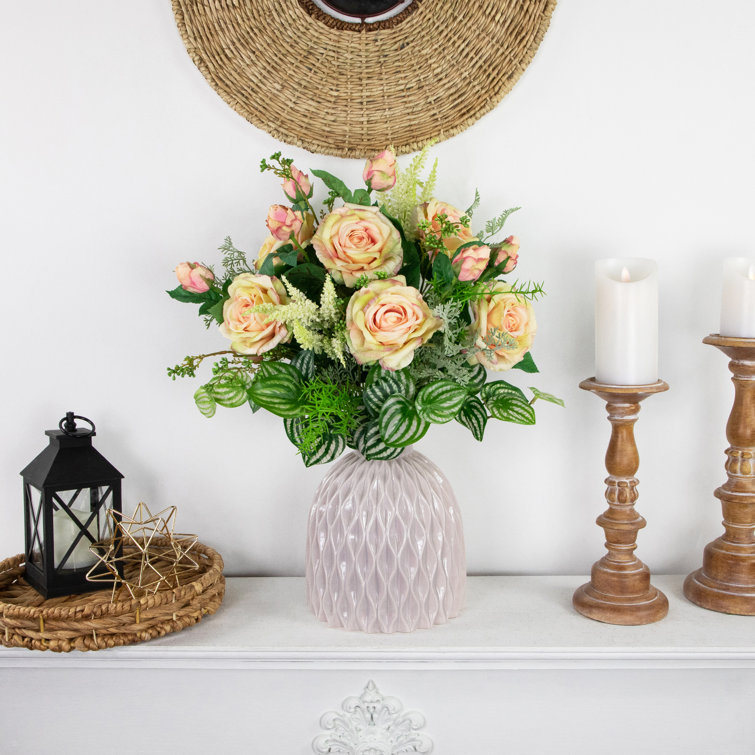 Cream and Pink Real Touch Artificial Rose Stems Set of 6