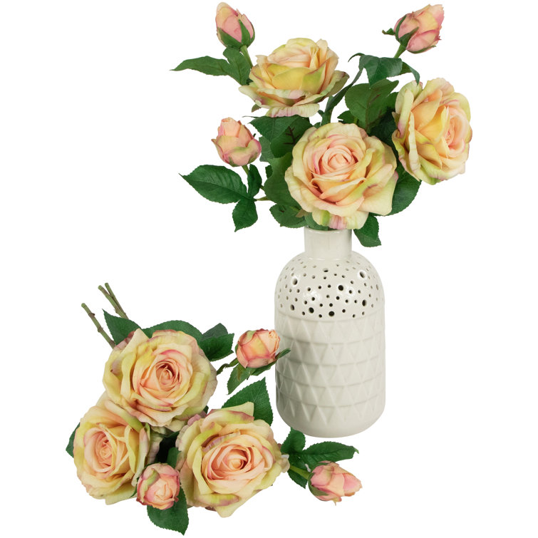 Cream and Pink Real Touch Artificial Rose Stems Set of 6
