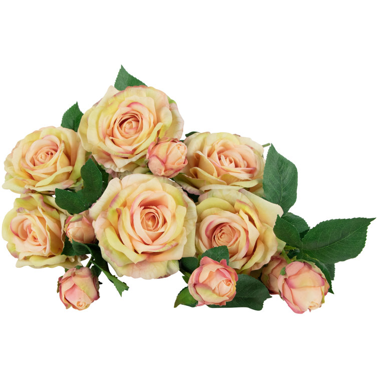 Cream and Pink Real Touch Artificial Rose Stems Set of 6