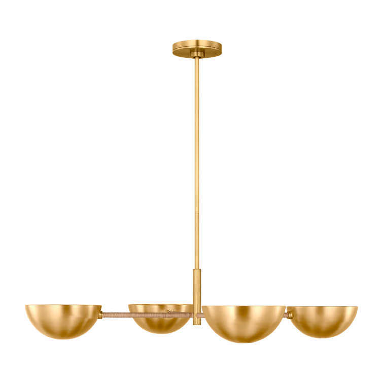 Burnished Brass Dome Chandelier with Rattan-Wrapped Arms
