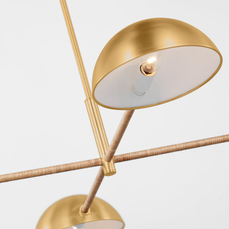 Burnished Brass Dome Chandelier with Rattan-Wrapped Arms