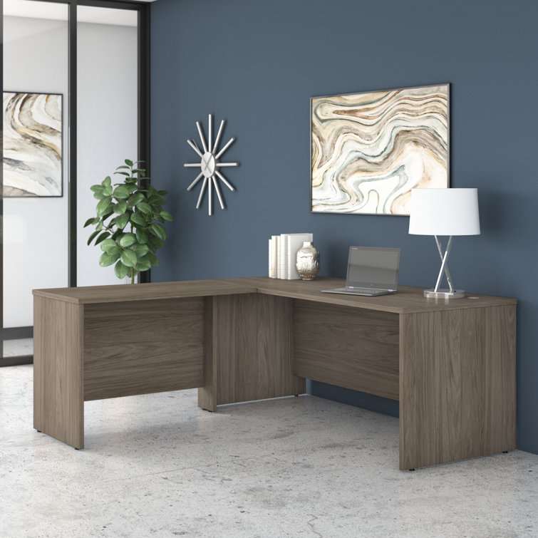 Modern Hickory L-Shaped Corner Desk with Filing Cabinet
