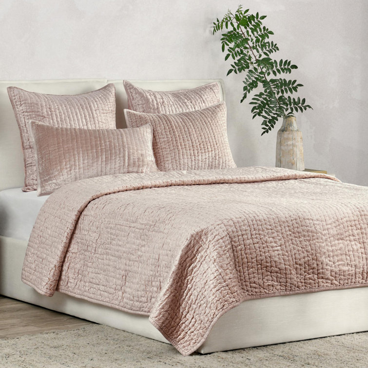 Bliss Pink Velvet King Quilt Set with Cotton Sateen Back